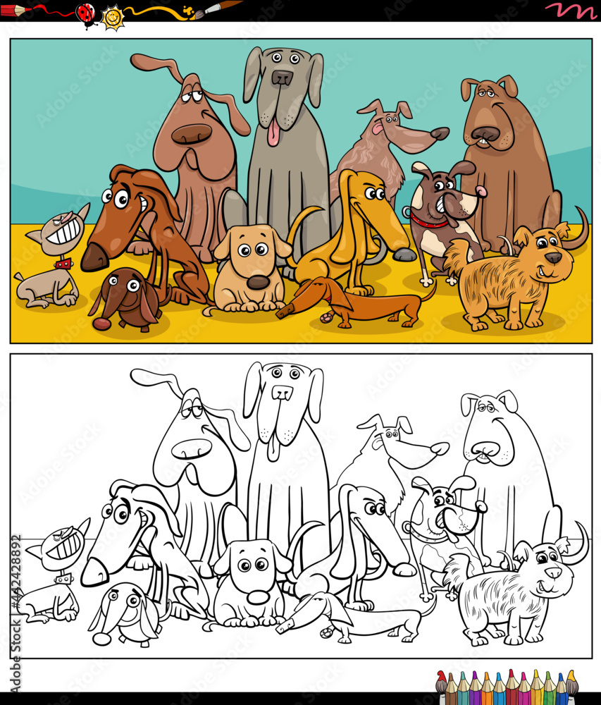 cartoon dogs animal characters group coloring book page Stock ...