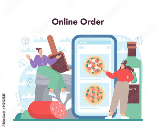 Pizzeria online service or platform. Chef cooking tasty delicious pizza