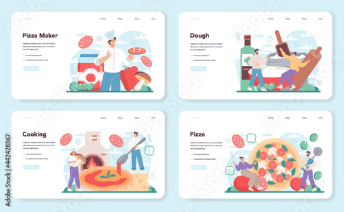 Pizzeria web banner or landing page set Chef cooking tasty delicious pizza