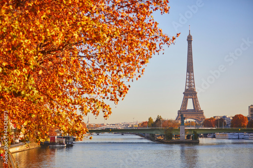 Scenic view of the Eiffel tower over the river Seine from Mirabeau bridge on a bright fall day in Paris © Ekaterina Pokrovsky