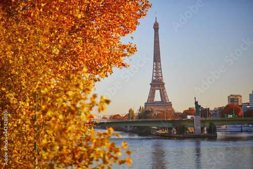 Scenic view of the Eiffel tower over the river Seine from Mirabeau bridge on a bright fall day in Paris © Ekaterina Pokrovsky