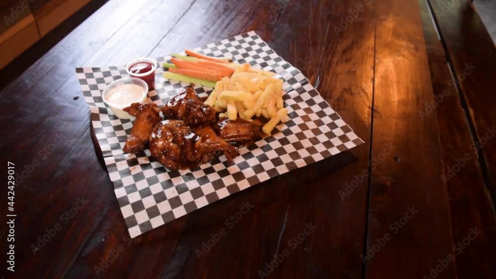 Chicken with french fries, vegetables, ranch, and ketchup/tomato sauce. Chicken with french fries, vegetables, ranch, and ketchup/tomato sauce.