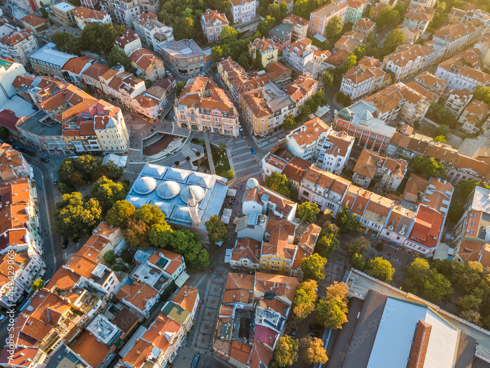 Aerial sunset cityscape of City of Plovdiv, Bulgaria
