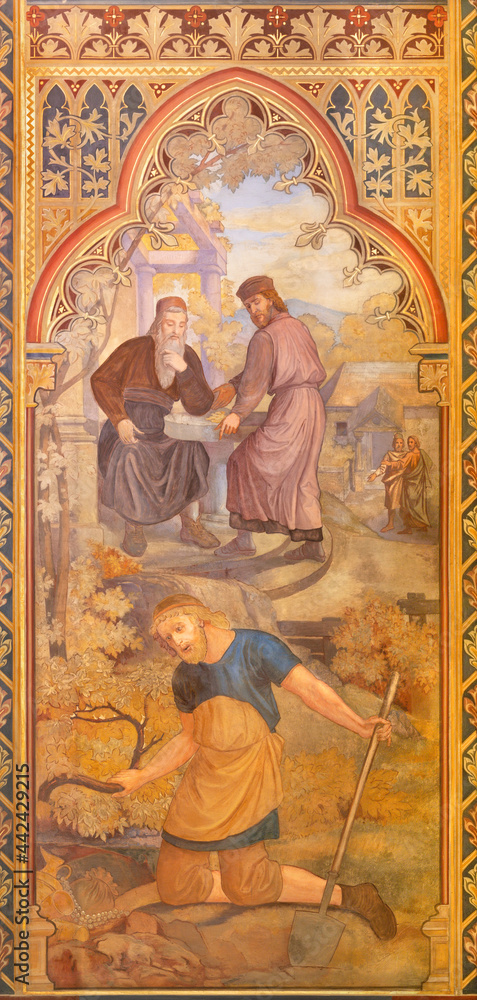 VIENNA, AUSTIRA - JUNI 24, 2021: The fresco the Parable of the hidden treasure in the Votivkirche church by brothers Carl and Franz Jobst (sc. half of 19. cent.).