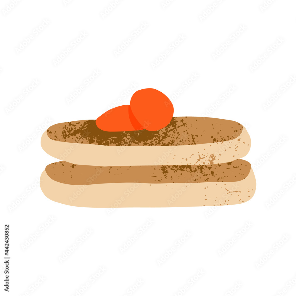 Hand drawn party food pile pancakes with berry toppings homemade breakfast dessert vector illustration. Hand drawn party food pile pancakes with berry toppings homemade breakfast dessert vector illustration.