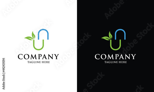 herbal pills medicinal leaves logo vector line art icon design tempalte.on a black and white background.