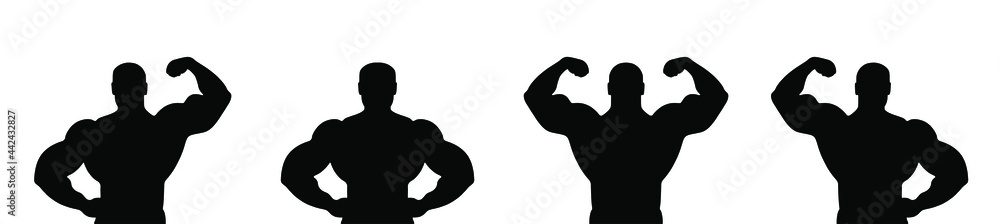 Muscular bodybuilder vector silhouette illustration isolated on white background. Sport man strong arms show in different pose. Body builder athlete showing muscles. Muscular bodybuilder vector silhouette illustration isolated on white background. Sport man strong arms show in different pose. Body builder athlete showing muscles.