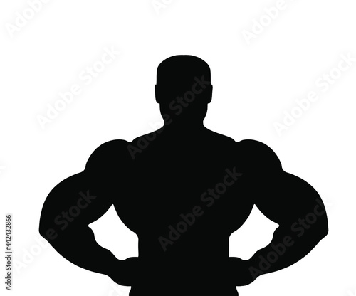 Muscular bodybuilder vector silhouette illustration isolated on white background. Sport man strong arms. Body builder athlete showing muscles.