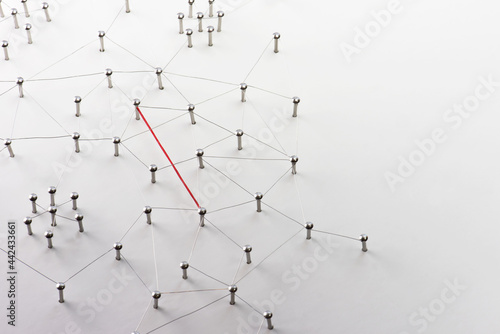 Linking entities. Hotline, VPN, tunneling, dedicated line, Network, networking, social media, connectivity, internet communication abstract. Fat red wire in a web of silver wires on white background.