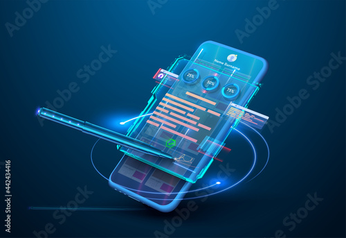 Digital smart contract, isometric icon concept of electronic signature, blockchain technology crypto. Online e-contract document. Can use for web banner. Vector illustration