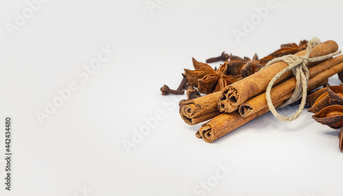bunch of cinnamon and anise isolated on a white background. spices. background for text