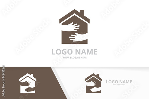 Real estate and hands logo combination. Unique friendship embrace logotype design template.