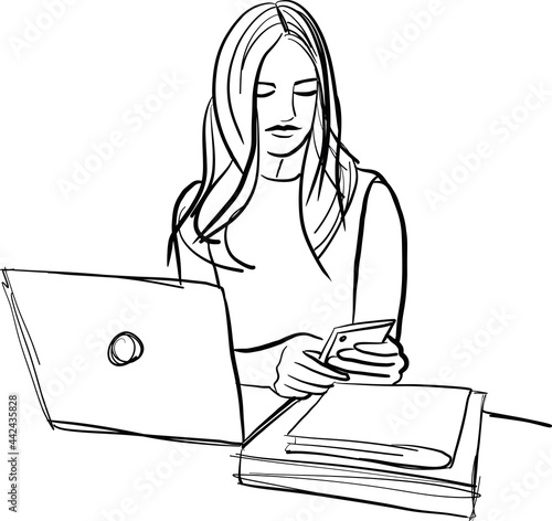 Sketch of business woman working on homeoffice