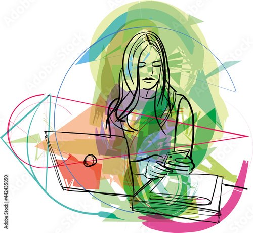 Sketch of business woman working on homeoffice