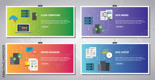 Web banners template in vector with icons of cloud computing, data mining, server database and data center. Flat design icons in vector illustration.