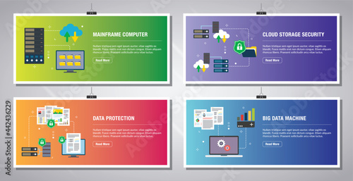 Web banners template in vector with icons of mainframe computer, cloud storage security, data protection, big data machine. Flat design icons in vector illustration.