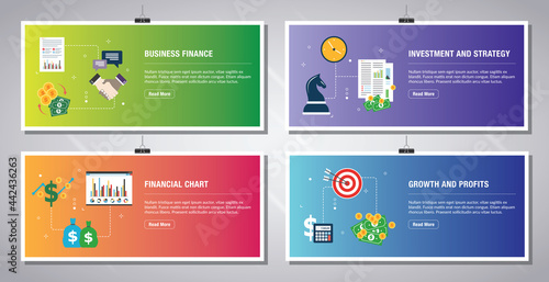 Web banners template in vector with icons of  business finance, investment and strategy, financial chart, growth and profits. Flat design icons in vector illustration.