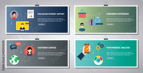 Web banners template in vector with icons of evaluation internet support, consumer experience, customer service and performance analysis. Flat design icons in vector illustration.