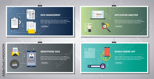 Web banners template in vector with icons of data management, application analysis, smartphone data and search engine app. Flat design icons in vector illustration.