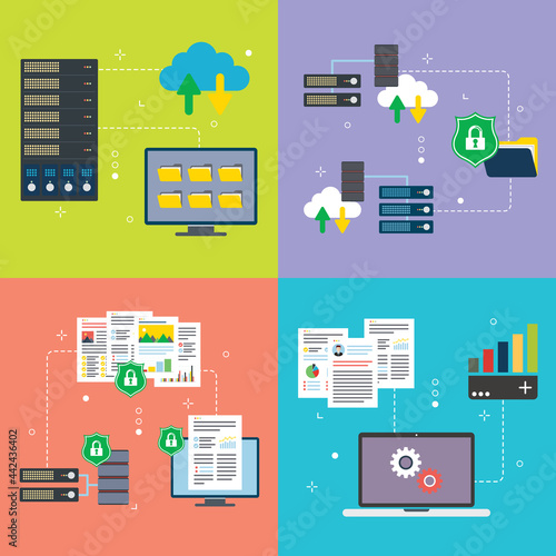 Mainframe, computer, cloud storage, big data, security and protection icons. Concepts of mainframe computer, cloud storage security, data protection, big data machine. Flat design icons in vector ill