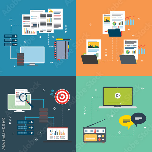 Connection, backup, report, sharing, communication, and computer icons. Concepts of file connection, document backup, sharing equipment and system communication. Flat design icons in vector.