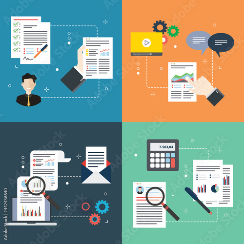 Business, document, management and analysis icons. Concepts of business document, paperwork management, corporate document, paperwork analysis. Flat design icons in vector illustration.