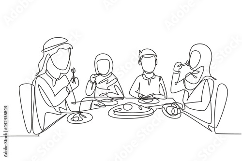 Single one line drawing diner Arabian parents and children together. Family having meal around kitchen table. Happy daddy, mom and kids eating. Continuous line draw design graphic vector illustration
