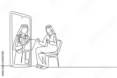 Single continuous line drawing Arabian male doctor holding clipboard checking condition of male patient sitting on chair. Online consultation. Dynamic one line draw graphic design vector illustration