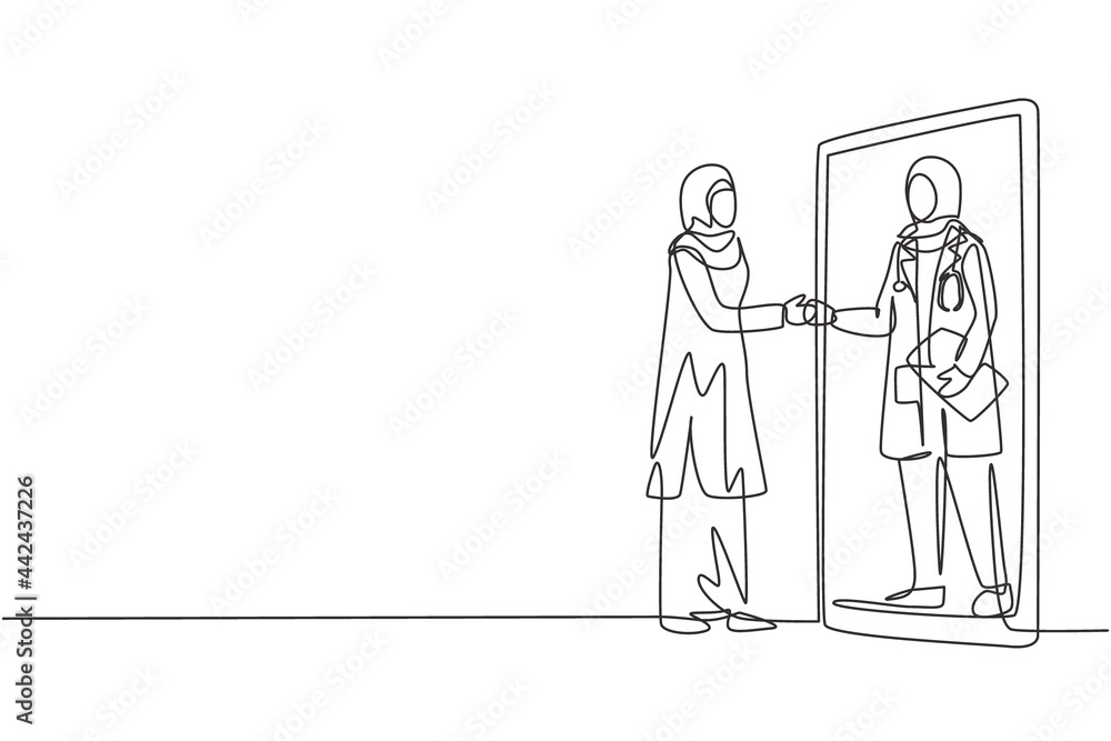 Continuous one line drawing hijab female patient shaking hands with female doctor in smartphone holding clipboard. Online medical consultation. Single line draw design vector graphic illustration