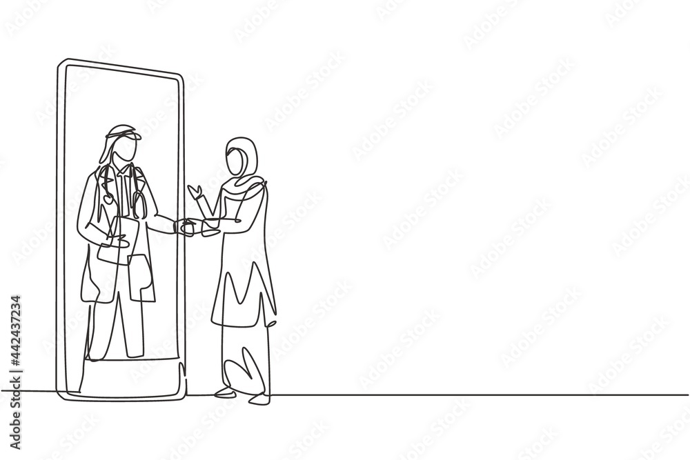 Single continuous line drawing hijab female patient shaking hands with male doctor in smartphone holding clipboard. Online medical concept. Dynamic one line draw graphic design vector illustration Single continuous line drawing hijab female patient shaking hands with male doctor in smartphone holding clipboard. Online medical concept. Dynamic one line draw graphic design vector illustration