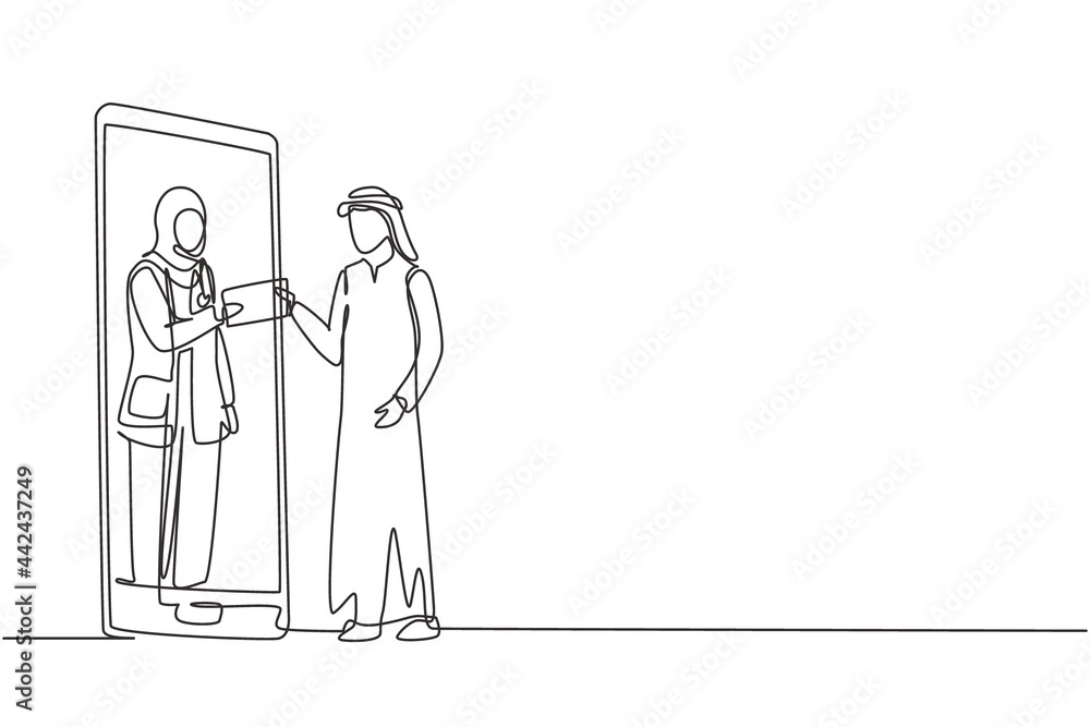 Single one line drawing Arabian male patient receiving prescription from hijab female doctor in smartphone. Online medical consultation. Modern continuous line draw design graphic vector illustration Single one line drawing Arabian male patient receiving prescription from hijab female doctor in smartphone. Online medical consultation. Modern continuous line draw design graphic vector illustration