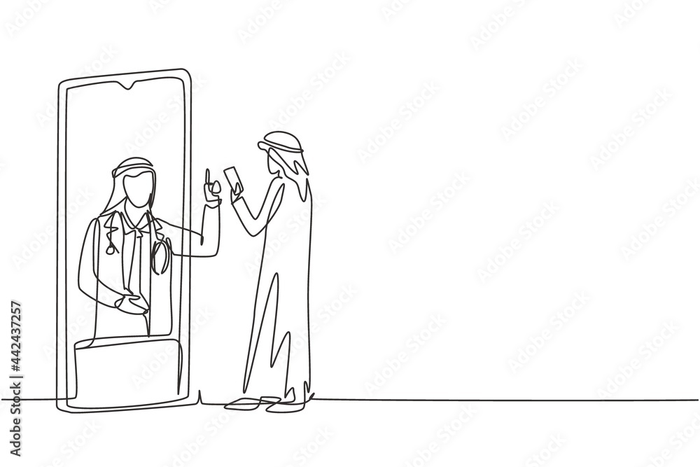 Single one line drawing Arab male patient holding smartphone standing facing giant smartphone and consulting male doctor. Doctor online. Modern continuous line draw design graphic vector illustration