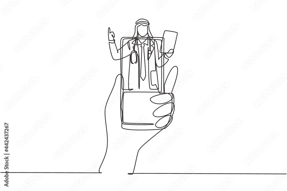Single continuous line drawing hand holding smartphone and there is Arab male doctor coming out of smartphone screen holding clipboard. Online consultation concept. One line draw graphic design vector Single continuous line drawing hand holding smartphone and there is Arab male doctor coming out of smartphone screen holding clipboard. Online consultation concept. One line draw graphic design vector