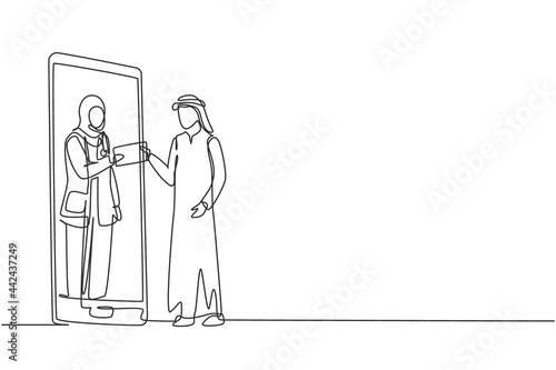 Single one line drawing Arabian male patient receiving prescription from hijab female doctor in smartphone. Online medical consultation. Modern continuous line draw design graphic vector illustration