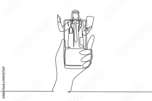 Single continuous line drawing hand holding smartphone and there is Arab male doctor coming out of smartphone screen holding clipboard. Online consultation concept. One line draw graphic design vector