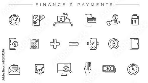 Finance and Payments concept line style vector icons set.