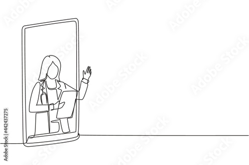 Single one line drawing female doctor comes out of smartphone screen holding clipboard. Online medical services, medical consultation. Modern continuous line draw design graphic vector illustration