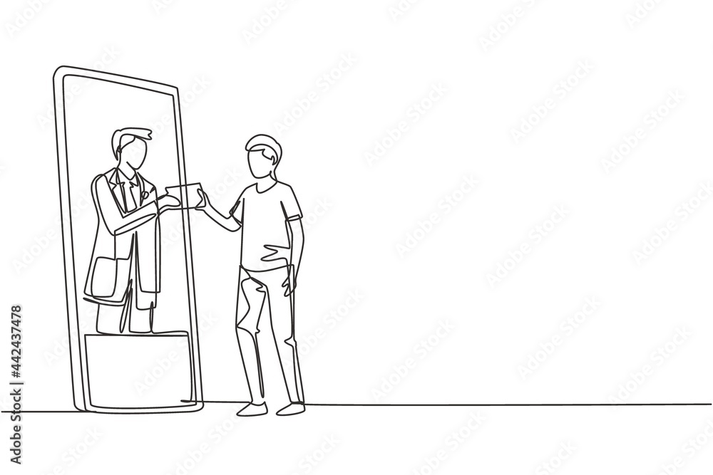 Continuous one line drawing male patient receiving prescription from male doctor in smartphone. Online medical consultation and services concept. Single line draw design vector graphic illustration