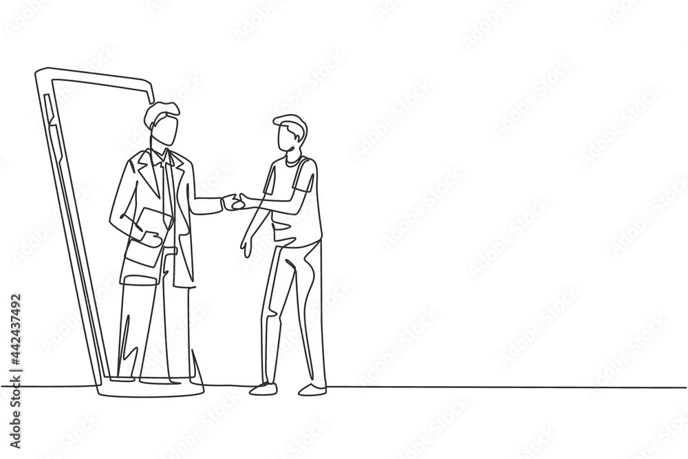 Single one line drawing male patient shaking hands with male doctor in smartphone holding clipboard. Online medical consultation concept. Modern continuous line draw design graphic vector illustration