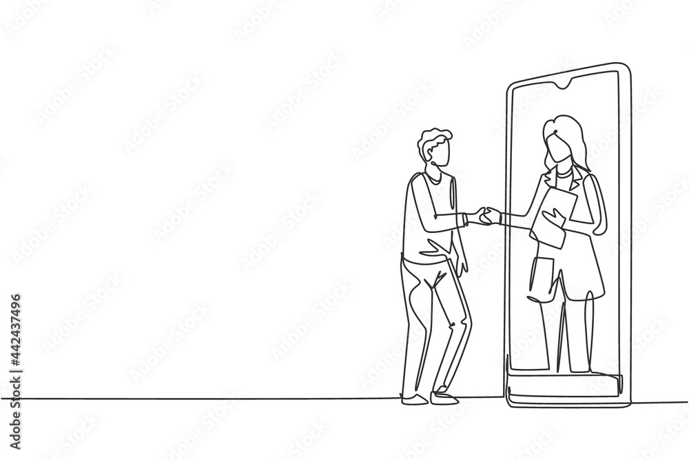 Single one line drawing male patient shaking hands with female doctor in smartphone holding clipboard. Online medical consultation concept. Continuous line draw design graphic vector illustration