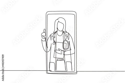 Continuous one line drawing female doctor comes out of smartphone screen while making thumbs up gesture. Online consultation doctor concept. Single line draw design vector graphic illustration