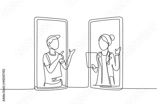 Continuous one line drawing two smartphones face to face and contain male patient and female doctor with their bodies as if coming out of a smartphone. Single draw design vector graphic illustration
