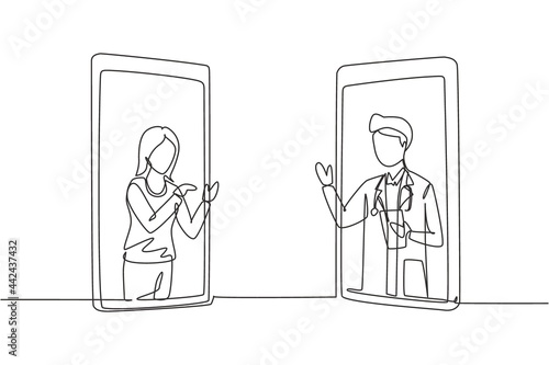 Single continuous line drawing two smartphones face to face and contain female patient and male doctor with their bodies as if coming out of a smartphone. Dynamic one line draw graphic design vector