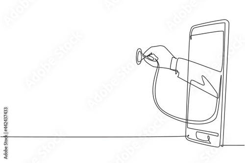 Single one line drawing doctor's hand out of smartphone screen holding stethoscope. Medical diagnostics concept analysis, research. Modern continuous line draw design graphic vector illustration