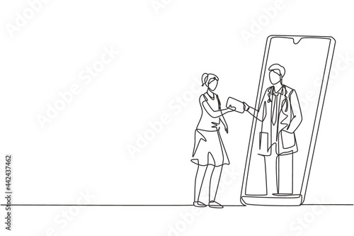 Single continuous line drawing female patient receiving prescription from male doctor in smartphone. Online medical consultation concept. Dynamic one line draw graphic design vector illustration