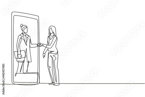 Single continuous line drawing female patient shaking hands with female doctor in smartphone holding clipboard. Online medical consultation concept. One line draw graphic design vector illustration