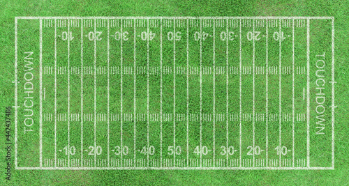 American football field, stripe grass with white pattern lines. Top view