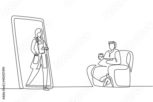 Single continuous line drawing male patient sitting curled up on sofa, using blanket, holding mug and there is female doctor walking out of smartphone, holding clipboard. Dynamic one line draw graphic