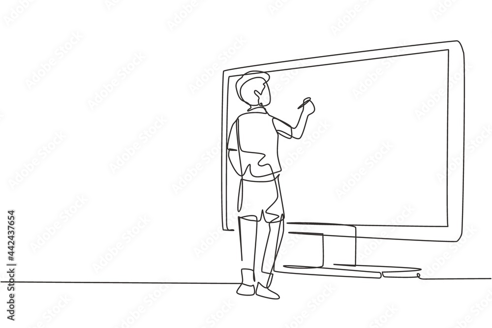 Single continuous line drawing male junior high school student writing on giant monitor screen like he was writing on whiteboard. Learning concept. One line draw graphic design vector illustration Single continuous line drawing male junior high school student writing on giant monitor screen like he was writing on whiteboard. Learning concept. One line draw graphic design vector illustration