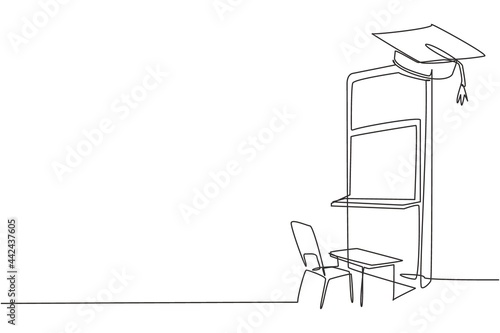 Single continuous line drawing empty study chairs and desks facing smartphone screen in which there is blackboard and graduation cap on top. Dynamic one line draw graphic design vector illustration
